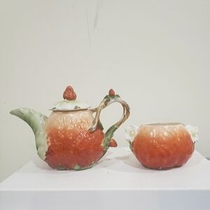 Handcrafted Strawberry Ceramic Teapot and Sugar Bowl Set